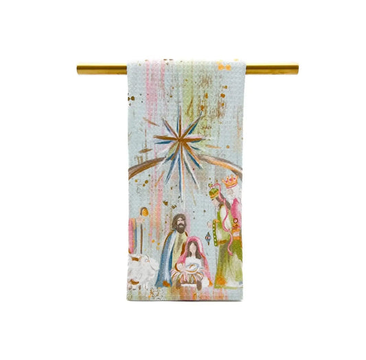 Pastel Nativity Gold Foil Tea Towel