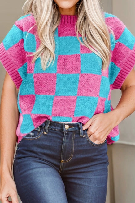 Pink & Blue Checkered Rhea Ribbed Knit Sweater