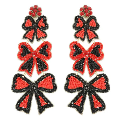 Red & Black Triple Bow Beaded Earrings