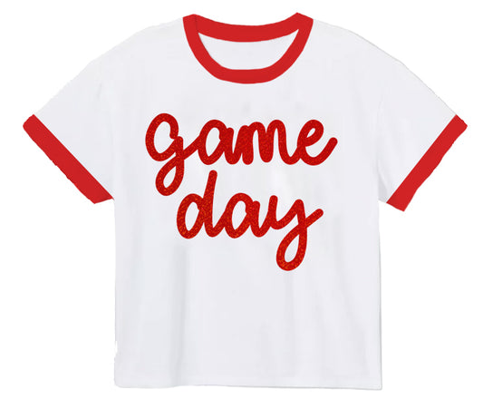 Youth Red Tinsel Game Day Ringer Boxy Tee