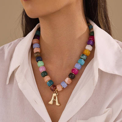 Multi Chunky Beaded Initial Charm Necklace