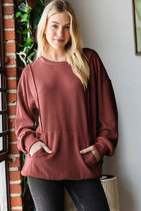 Rust Long Sleeve Saige Pocket Ribbed Top