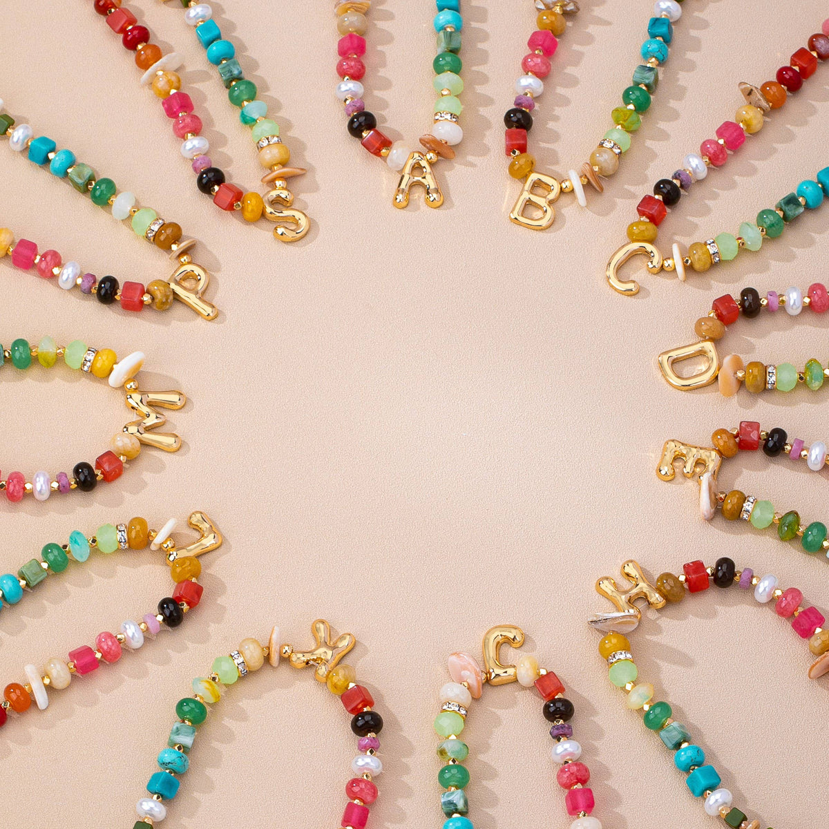 Multi Gemstone Chip Initial Charm Necklace