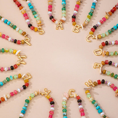 Multi Gemstone Chip Initial Charm Necklace