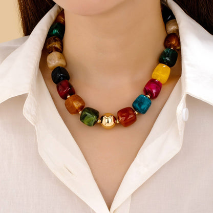Multicolor Marbled Resin Bead Statement Necklace