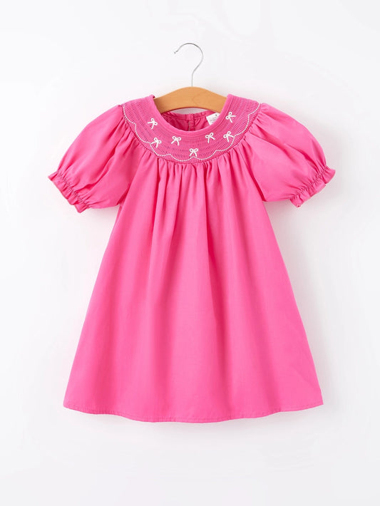 Youth Hot Pink Bow Smocking Dress