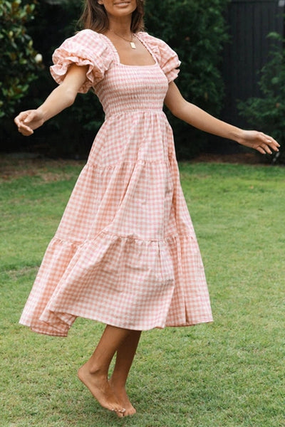 Pink Textured Gingham Tiered Midi Dress