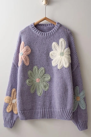 Lavender Embroidered Daisy Knit Sweater