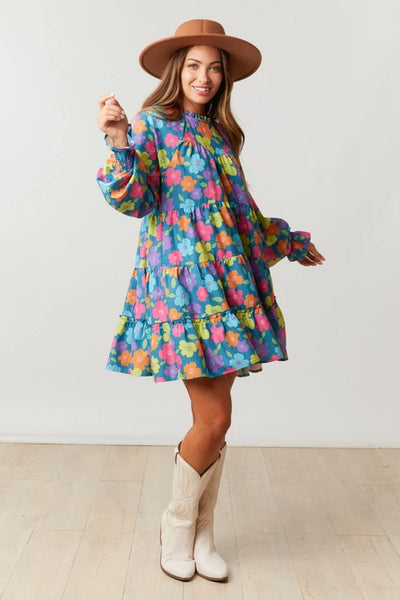 Teal & Pink Multi Retro Floral Dress