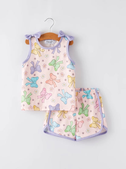 Youth Purple Bow Sleeveless Vest Top & Shorts Set
