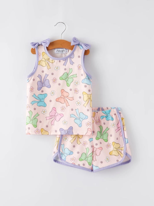 Youth Purple Bow Sleeveless Vest Top & Shorts Set