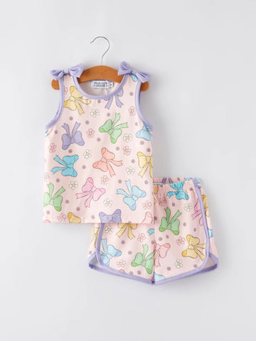 Youth Purple Bow Sleeveless Vest Top & Shorts Set
