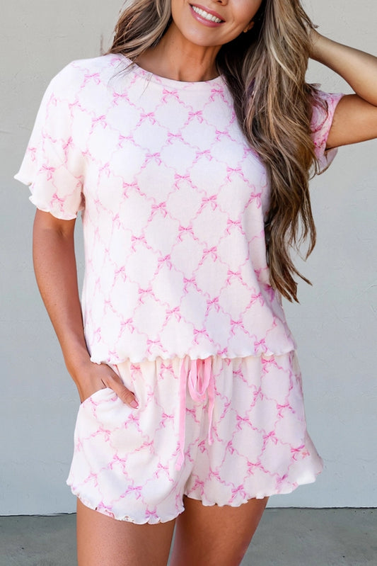 Bow Knot Lettuce Trim Lounge Shorts Set