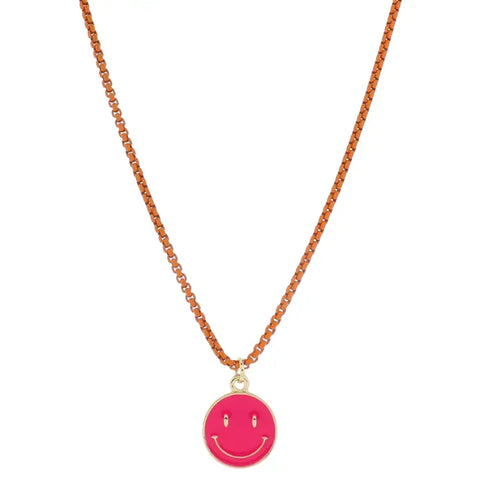 Kids Orange Box Chain with Hot Pink Happy Face Disc Necklace