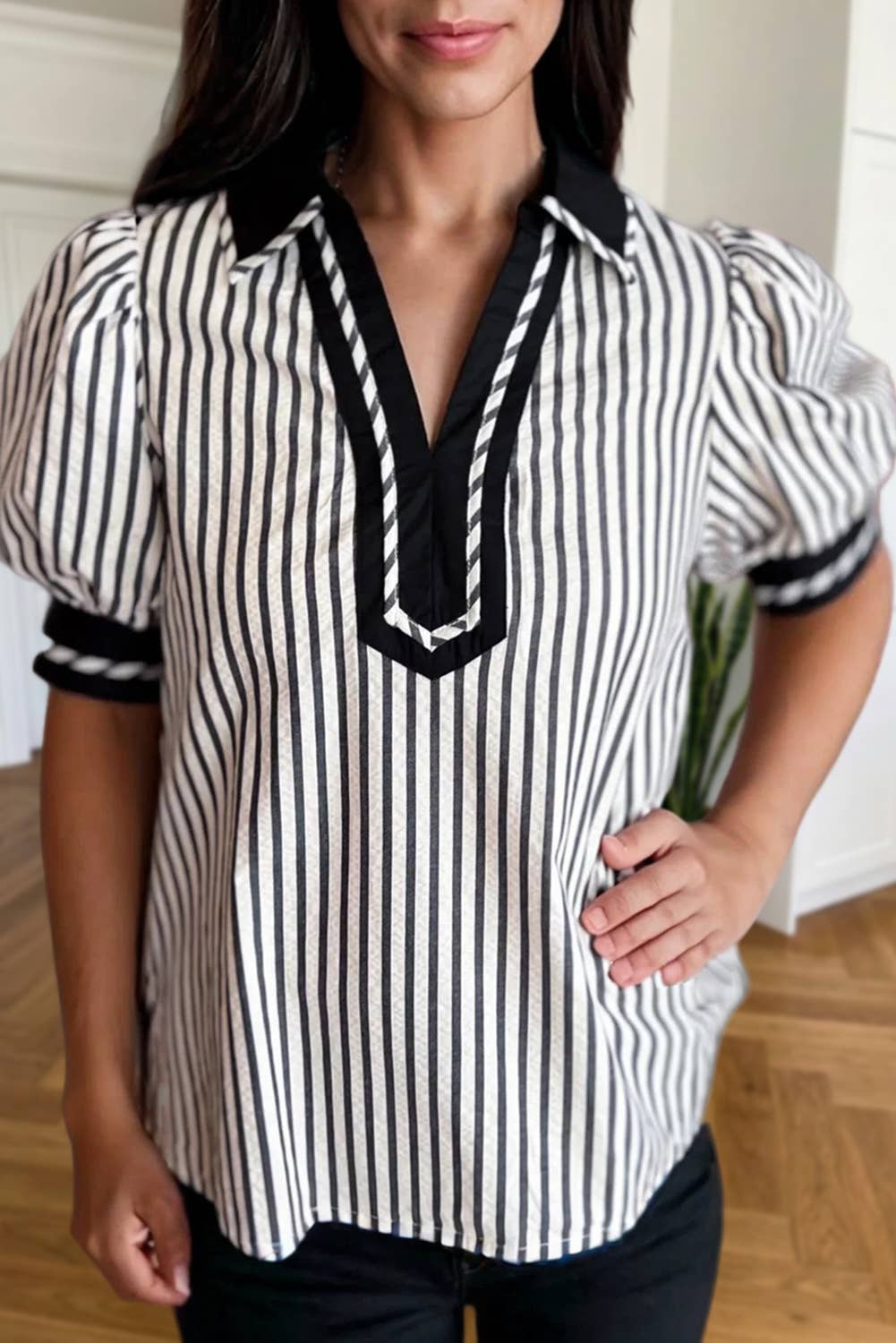 Black Stripe Collared V-Neck Blouse