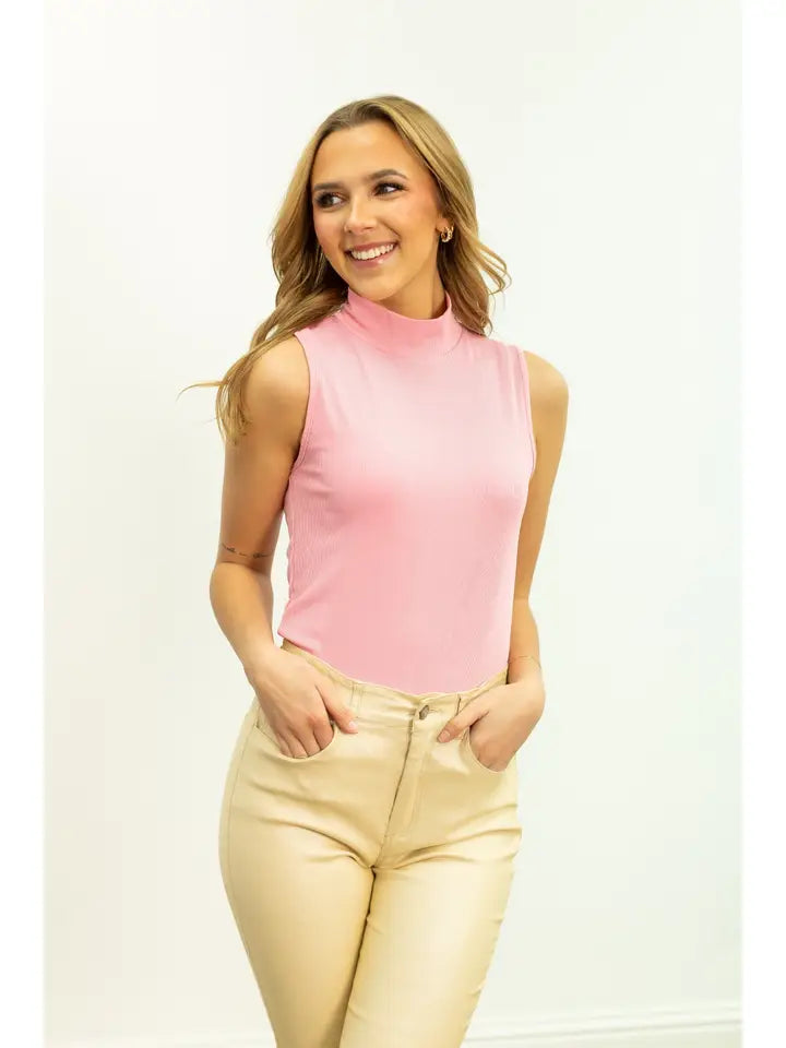 Pink Ribbed Sleeveless Turtleneck Tank