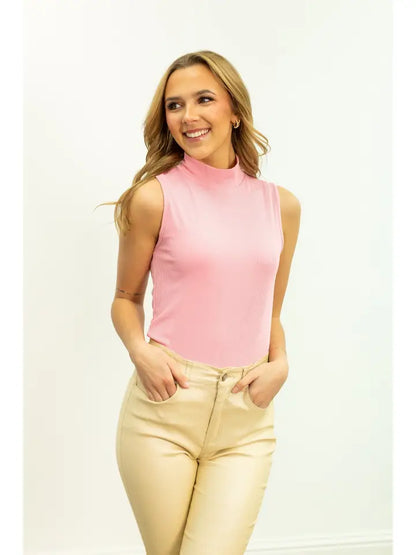 Pink Ribbed Sleeveless Turtleneck Tank