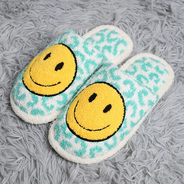 Mint Leopard Smiley Face Slippers