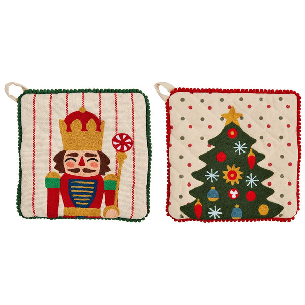 Mud Pie Nutcracker & Tree Embroidered Pot Holders