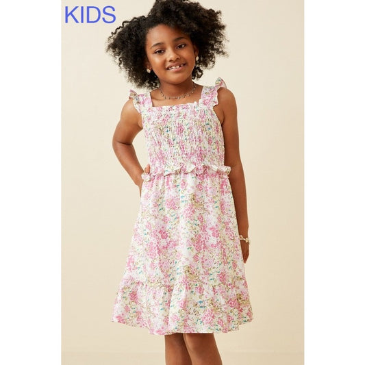 Youth Floral Ruffled Smocked Flutter Dress