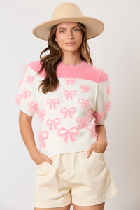 Pink Ribbon Detail Puff Sleeve Amelia Sweater