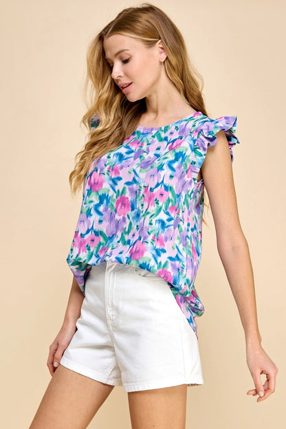 Orchid Floral Gabbie Top with Ruffled Sleeves