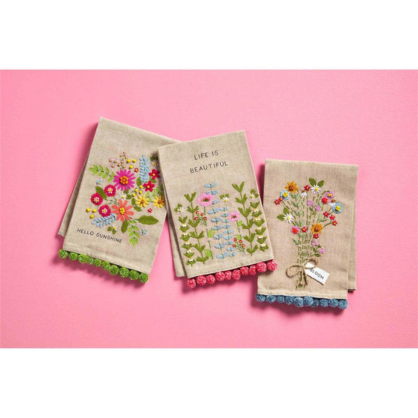 Mud Pie Floral Embroidery Pom Towels