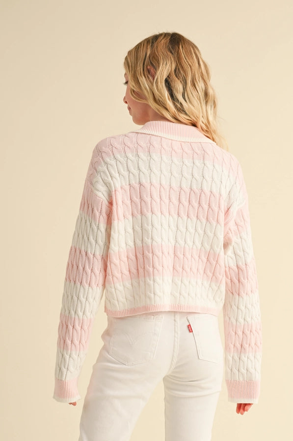 Tween Pink Long Sleeve Cable Knit Polo