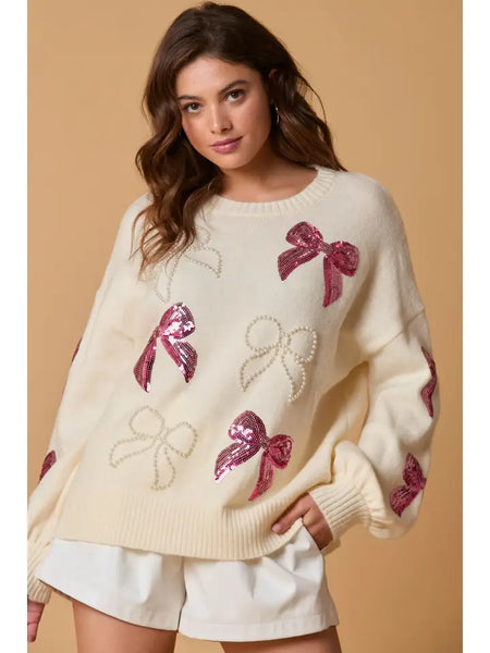 Cream Knit Sequin & Pearl Bow Sweater