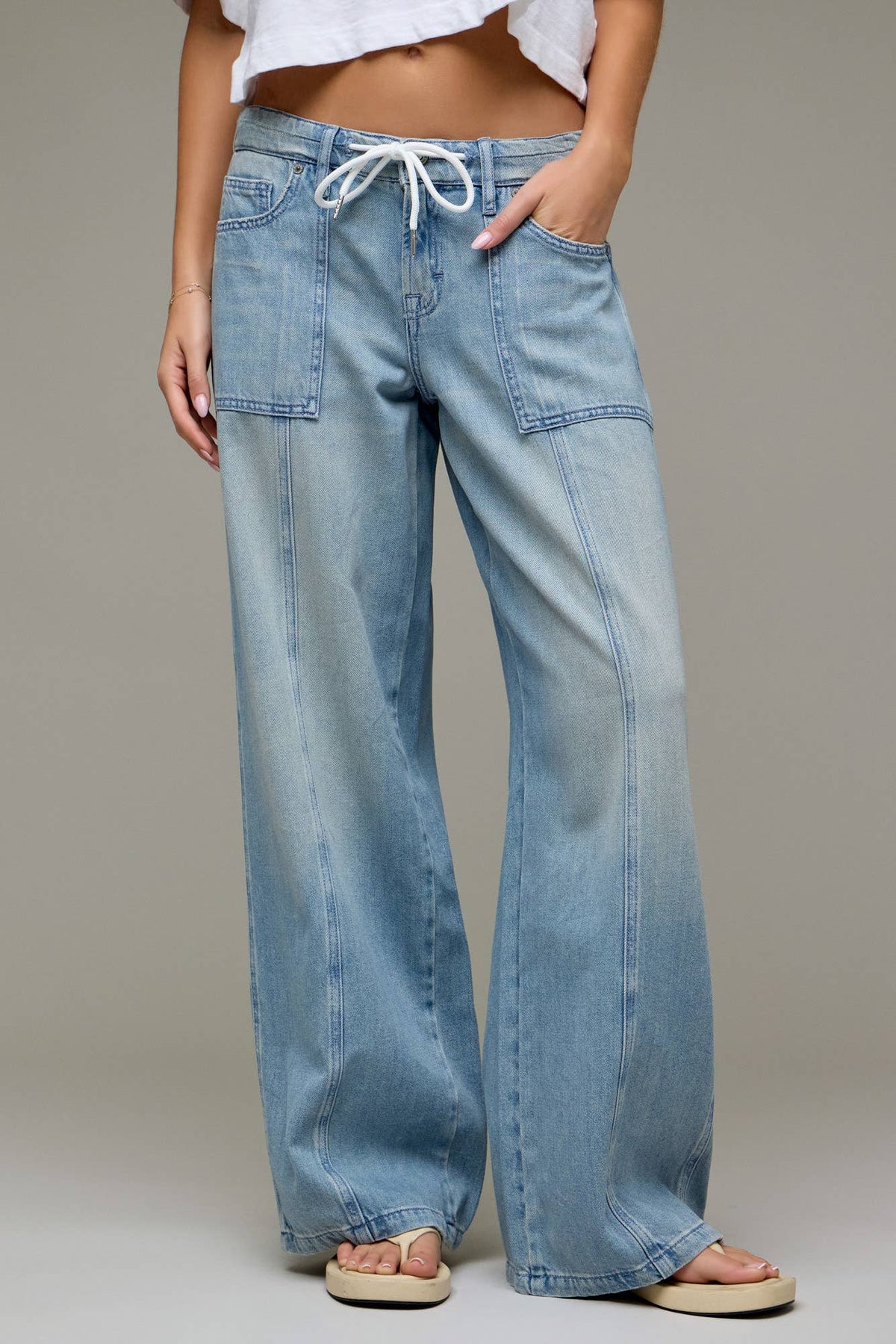 Vintage Drawstring Mid Rise Wide Leg Jeans
