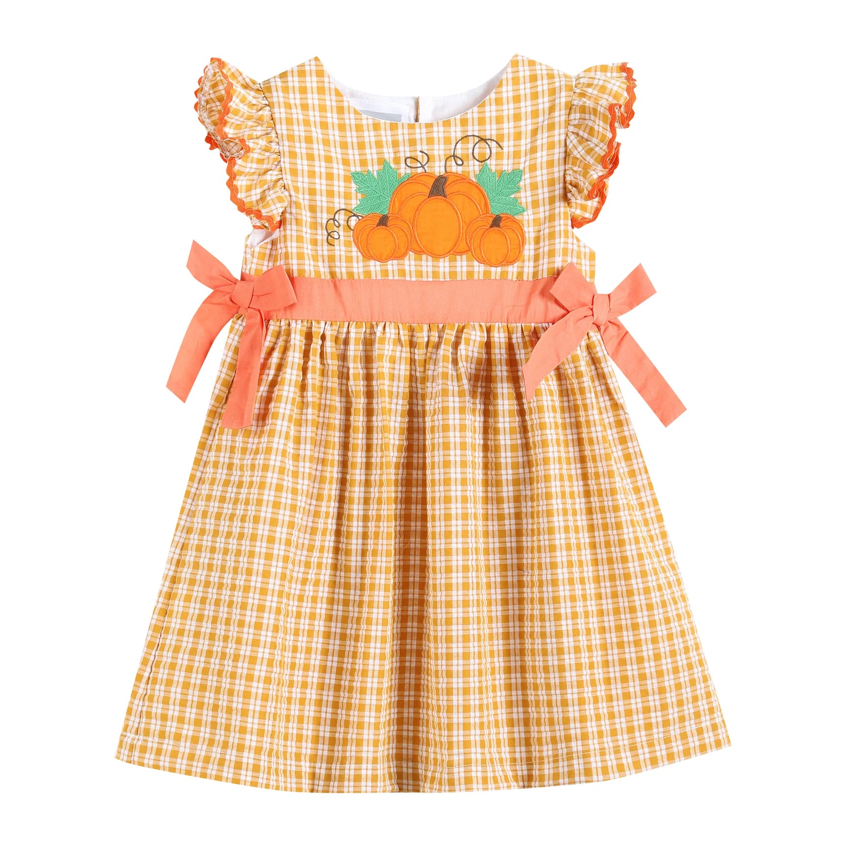 Orange Gingham Ruffle Pumpkin Bow Dress