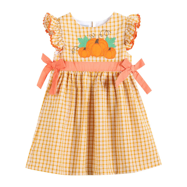 Orange Gingham Ruffle Pumpkin Bow Dress