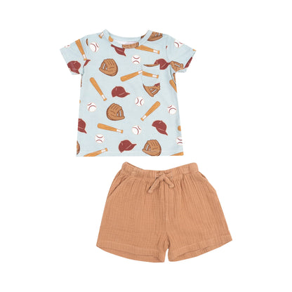 Angel Dear Baseball Crew Neck Tee & Muslin Shorts