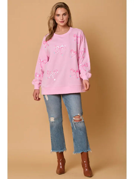 Pink Sequin Bow French Terry Pullover