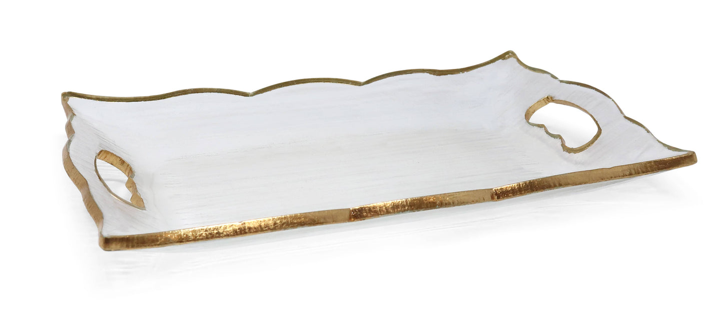 Medium Rectangular Glass Tray with Handles and Gold Rim