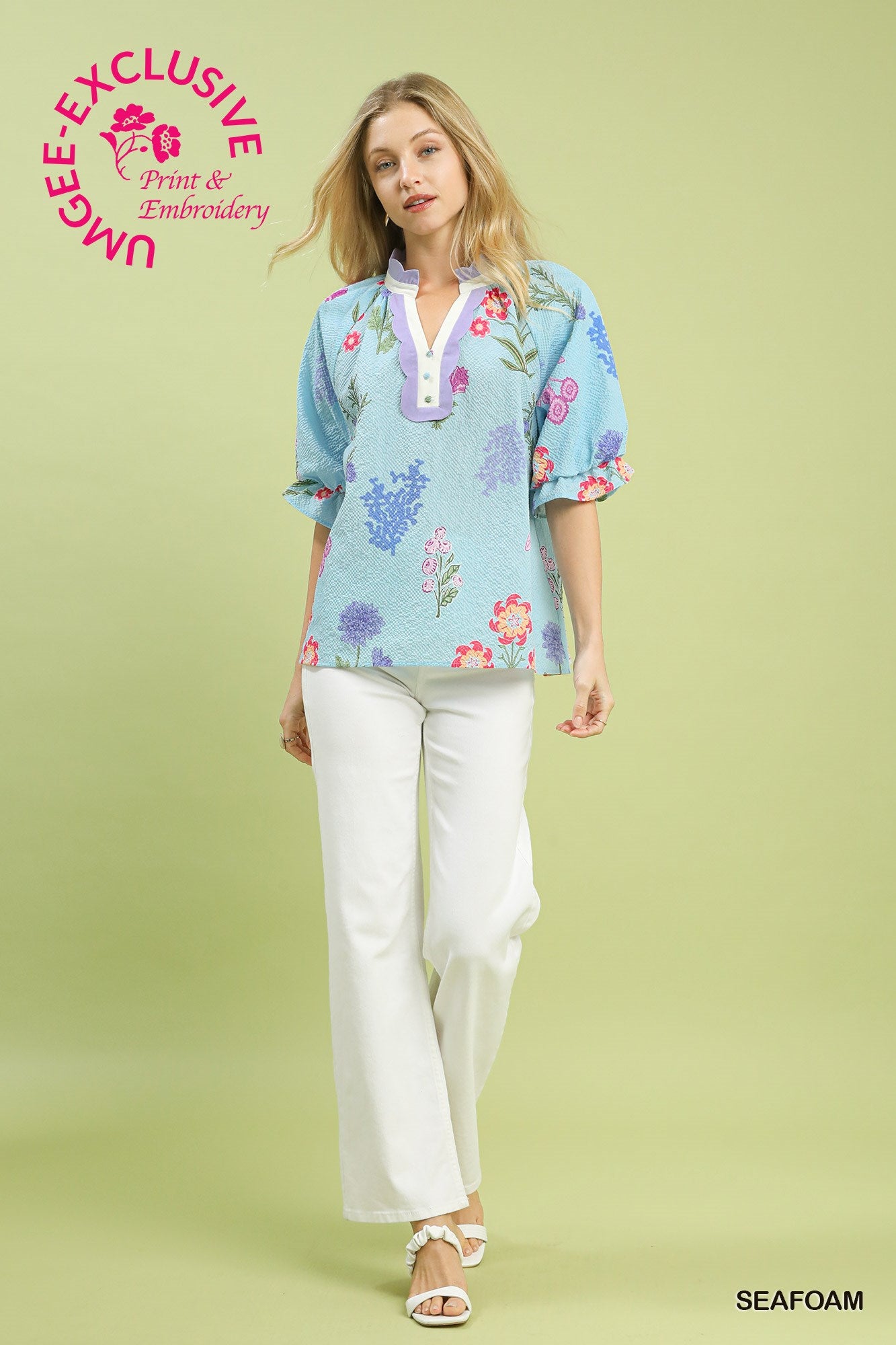 Seafoam Fresh Bloom Scallop Trim Top