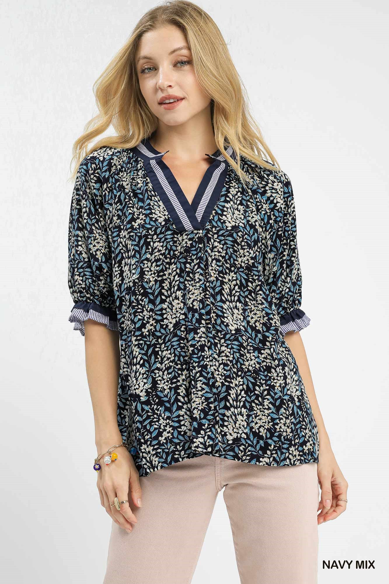 Navy Midnight Bloom Ruffle Top