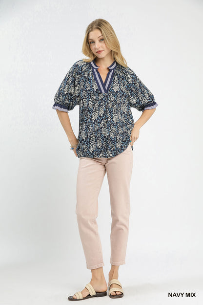 Navy Midnight Bloom Ruffle Top
