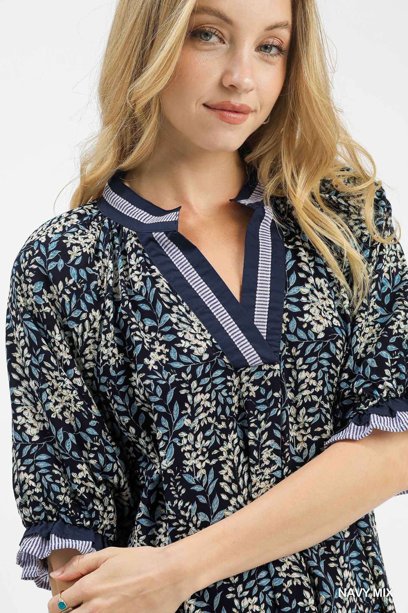 Navy Midnight Bloom Ruffle Top