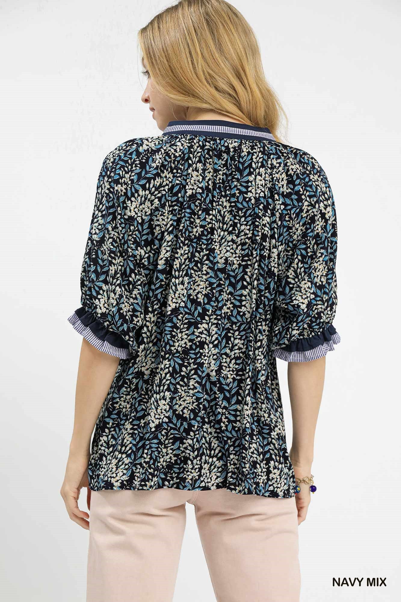 Navy Midnight Bloom Ruffle Top