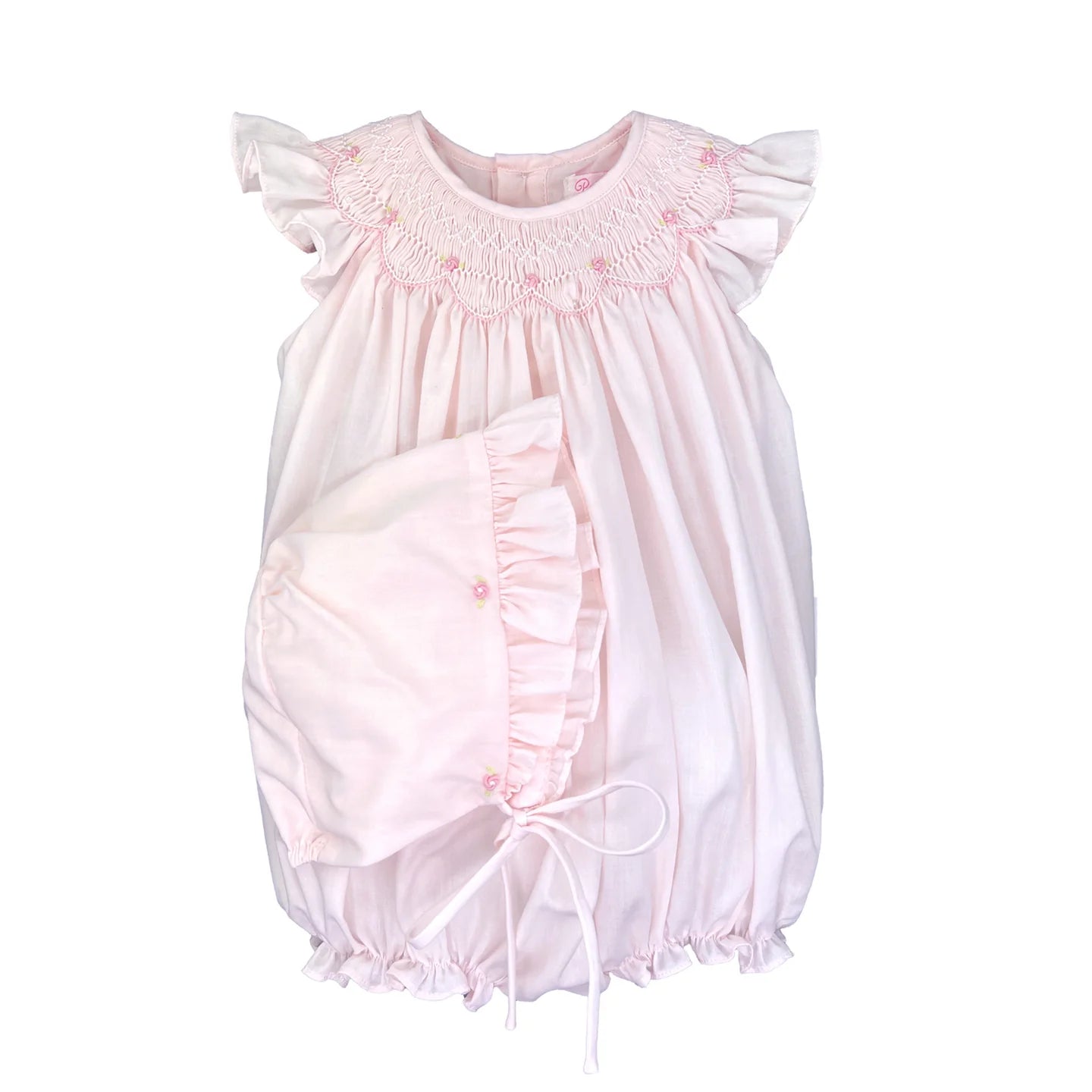 Pink Smocked Rosebud Bubble w/ Bonnet