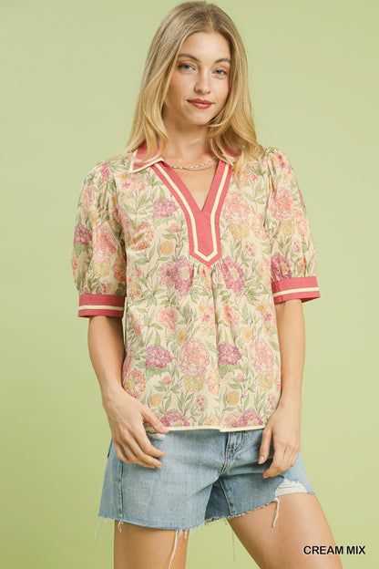Cream Mix Southern Bloom Collared Top
