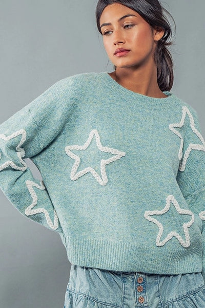 Mint Embroidered Starry Knit Sweater