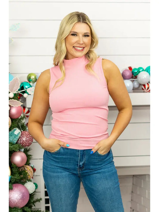 Pink Ribbed Sleeveless Turtleneck Tank