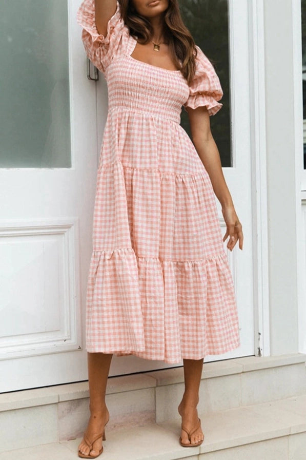 Pink Textured Gingham Tiered Midi Dress