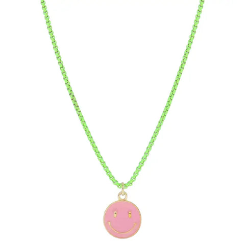 Kids Lime Green Box Chain with Pink Happy Face Necklace