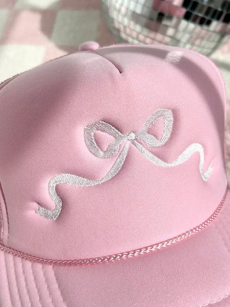 Light Pink Bow Embroidered Trucker Hat