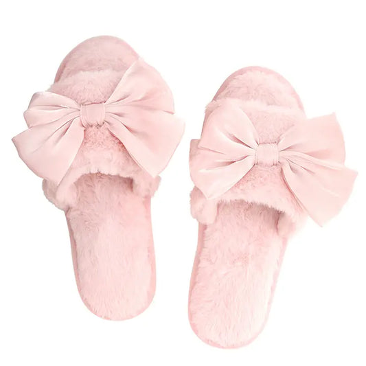 Light Blush Bow Plush Slippers