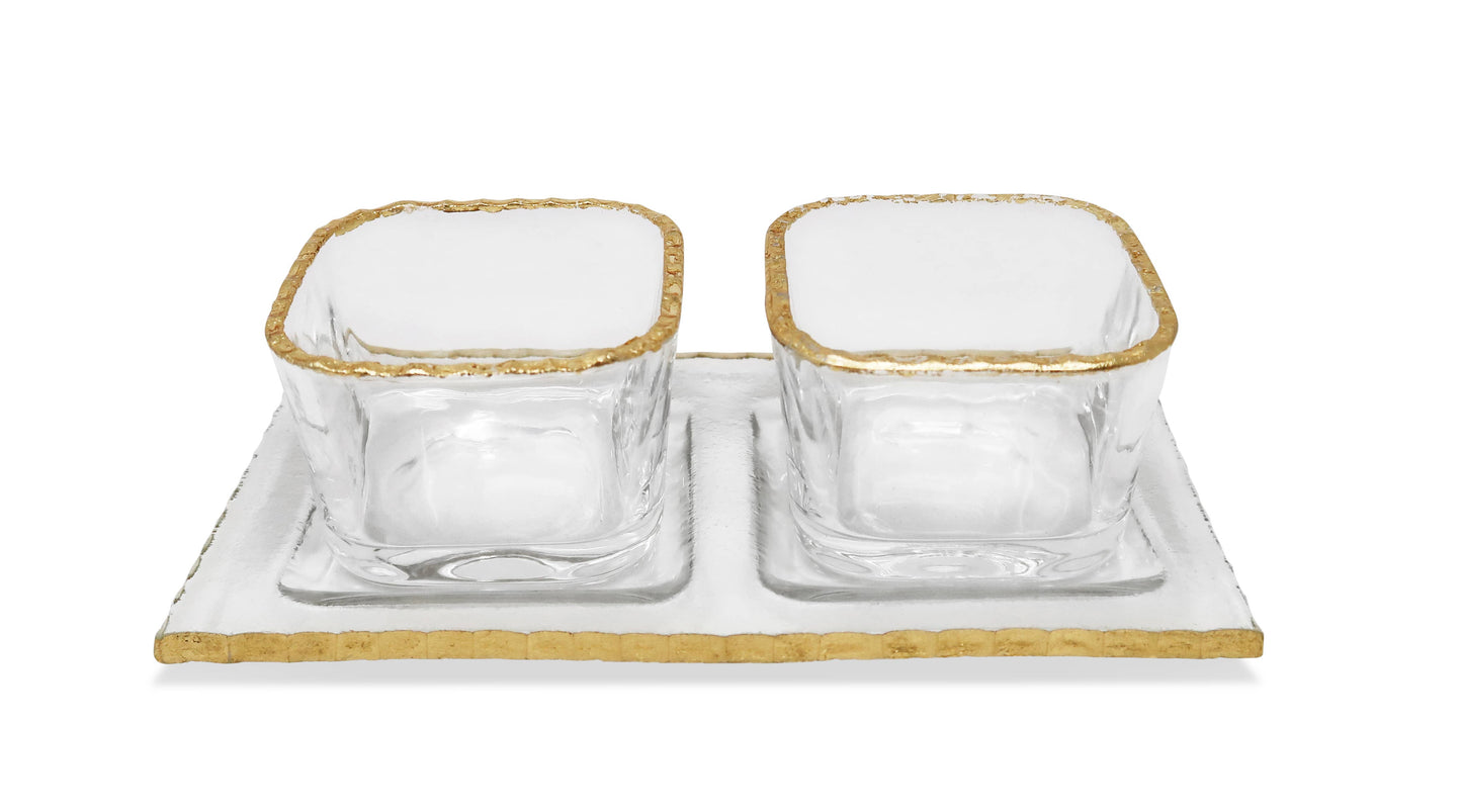 Gold Border 2 Bowl Relish Dish on Tray