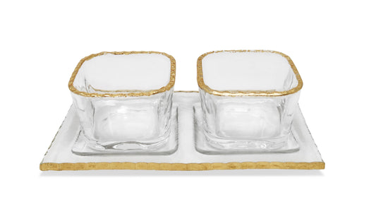 Gold Border 2 Bowl Relish Dish on Tray